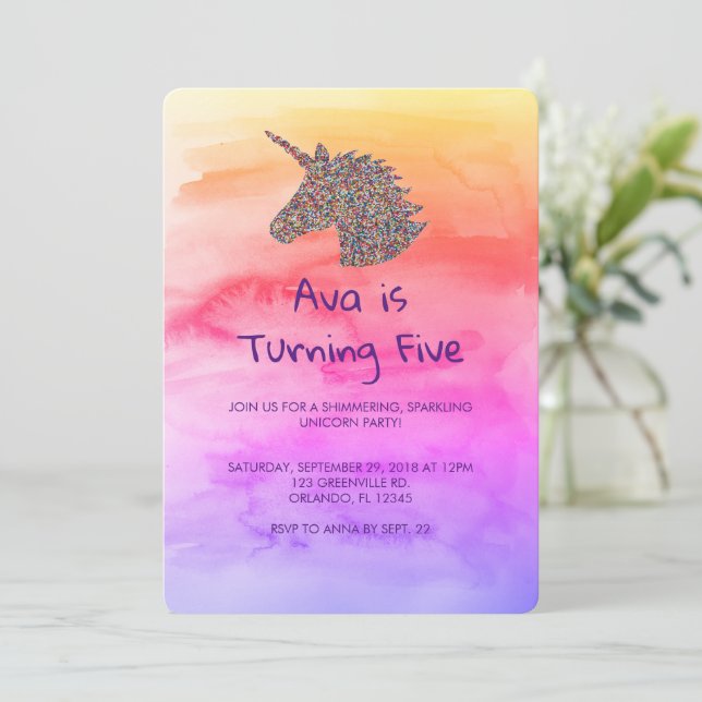 Invitación de cumpleaños a unicornio con salpicadu (Anverso de pie)
