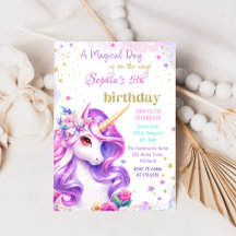 Invitación de cumpleaños a unicornio mágico púrpur
