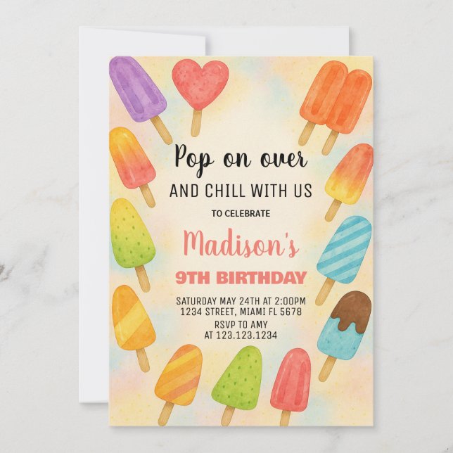 Invitación de cumpleaños a verano para la popsicle (Anverso)