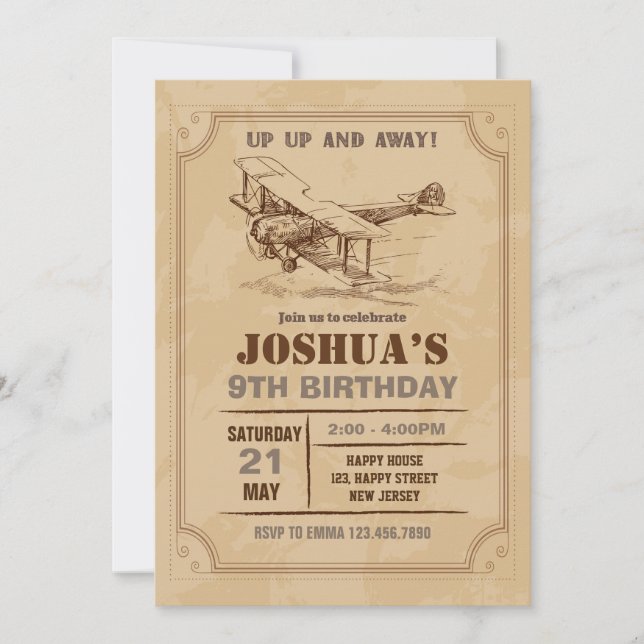 Invitación de cumpleaños a Vintage Airplane (Anverso)