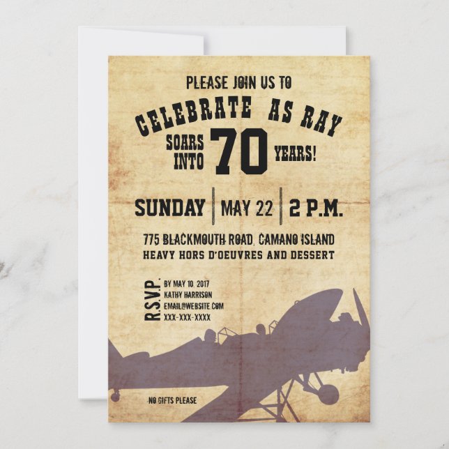Invitación de cumpleaños a Vintage Airplane (Anverso)