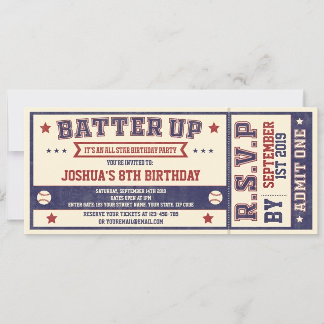 Invitación de cumpleaños a Vintage Béisbol Ticket (Anverso)