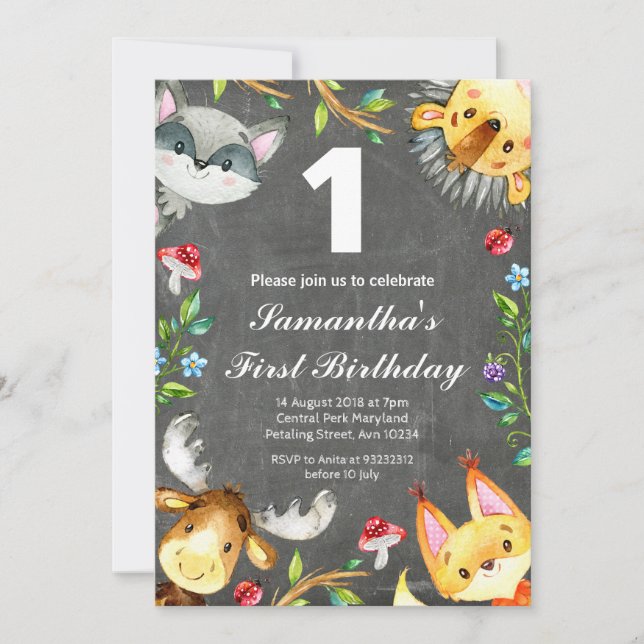 Invitación de cumpleaños a Woodland Chalkboard (Anverso)