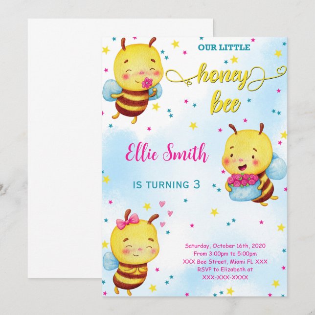 Invitación de cumpleaños abeja acuarela (Anverso / Reverso)