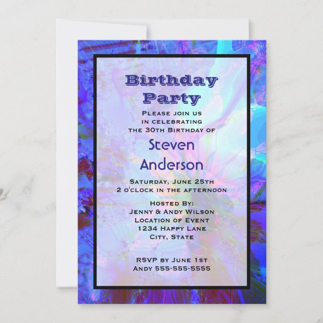 Invitación de cumpleaños abstracta azul y púrpura (Anverso)