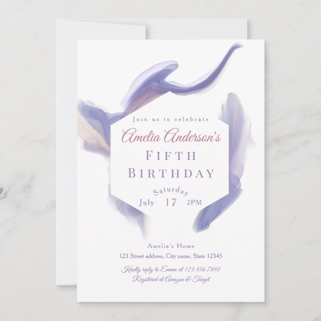 Invitación de cumpleaños abstracta de acuarela lav (Anverso)