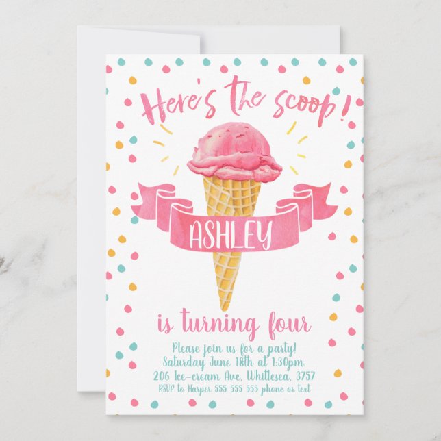 Invitación de cumpleaños acá es el helado de Scoop (Anverso)
