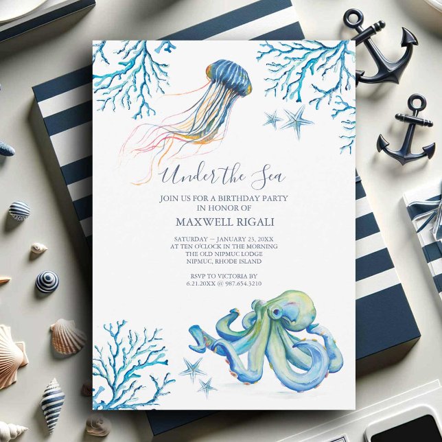 Invitación de cumpleaños acuarela bajo el mar (Under the sea birthday party invitations with watercolor ocean creatures art by Victoria Grigaliunas)