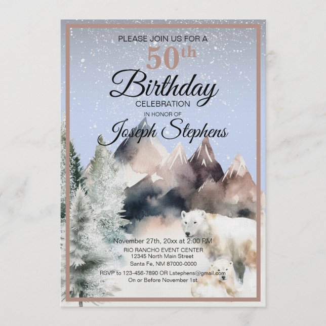 Invitación de cumpleaños acuarela bosque invernal (Anverso)
