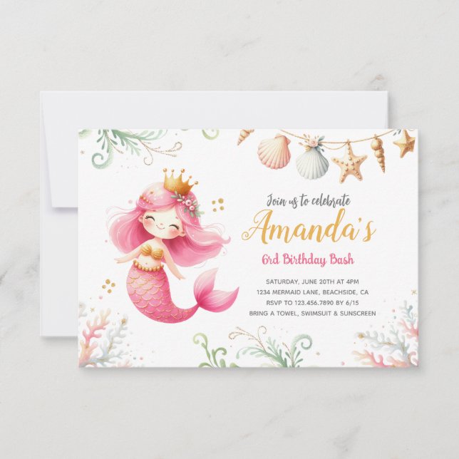 Invitación de cumpleaños acuarela de sirena (Anverso)