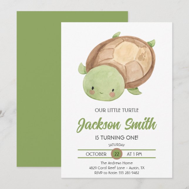 Invitación de cumpleaños acuarela de tortuga peque (Anverso / Reverso)