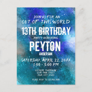 Invitación de cumpleaños acuarela Galaxia Aqua Azu