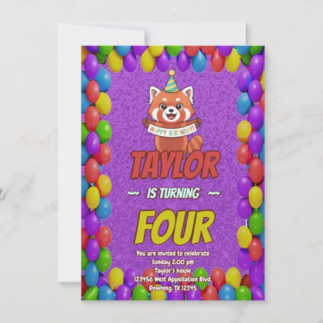 Invitación de cumpleaños adorable del panda rojo (Anverso)