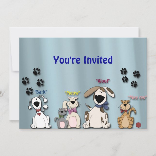 Invitación de cumpleaños adorable / gatos y perros (Anverso)