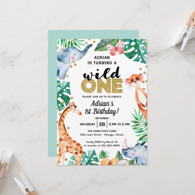 Invitación de cumpleaños Adorable Salvaje Uno Jung (Anverso/Reverso In Situ)