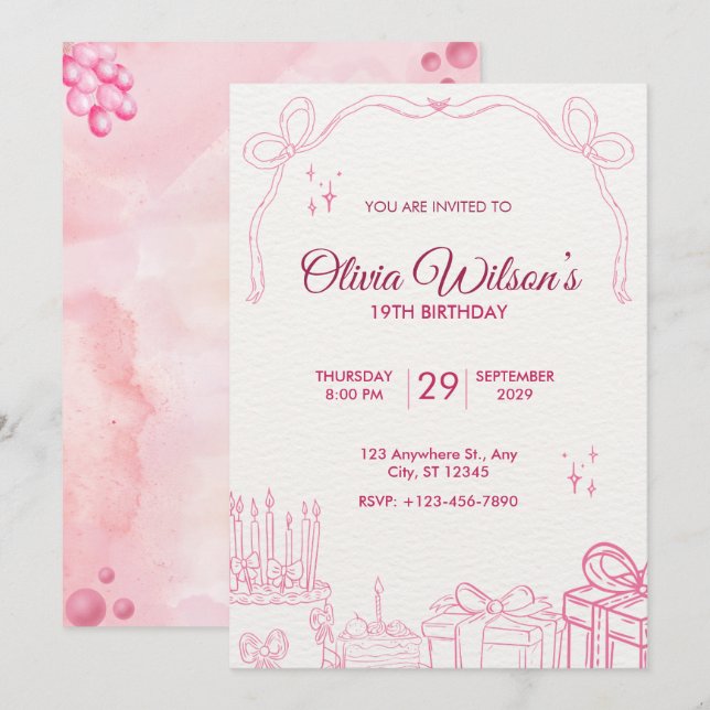 Invitación de cumpleaños adorable y rosa hecha a m (Anverso / Reverso)