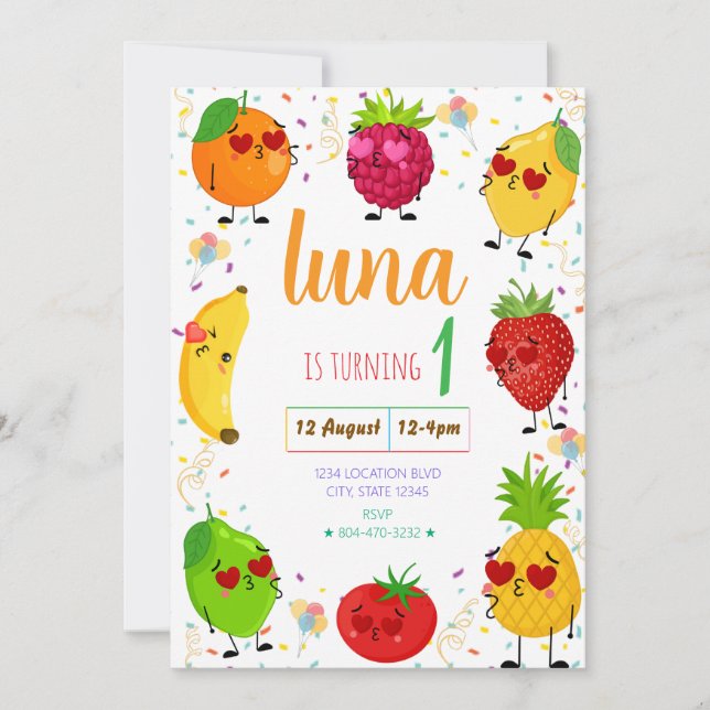 Invitación de cumpleaños AdorableFruit (Anverso)