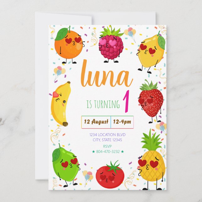 Invitación de cumpleaños AdorableFruit (Anverso)