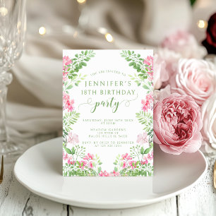 Invitación de cumpleaños adulta floral rosa bohémi