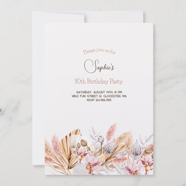 Invitación de cumpleaños adulta flores boho (Anverso)