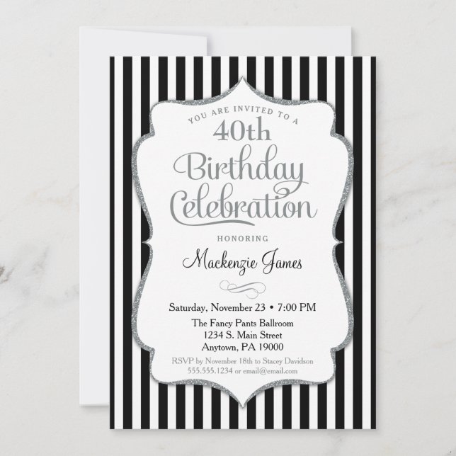 Invitación de cumpleaños Adulto de plata negra (Anverso)