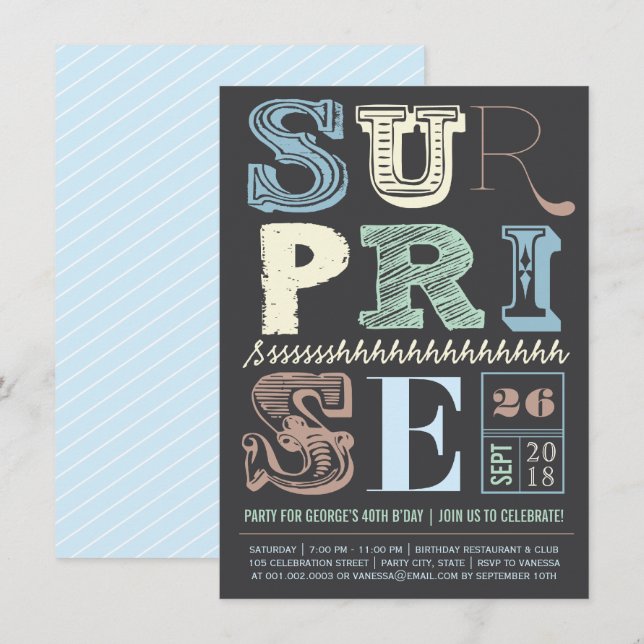 Invitación de cumpleaños adulto para fiesta sorpre (Anverso / Reverso)