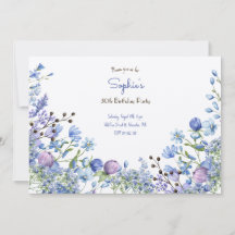 Invitación de cumpleaños adultos flores azules pra