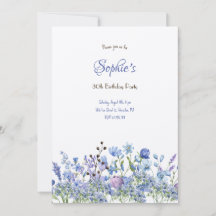Invitación de cumpleaños adultos flores azules pra
