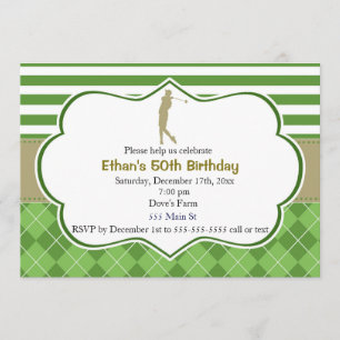 Invitación de cumpleaños adultos golf oro verde