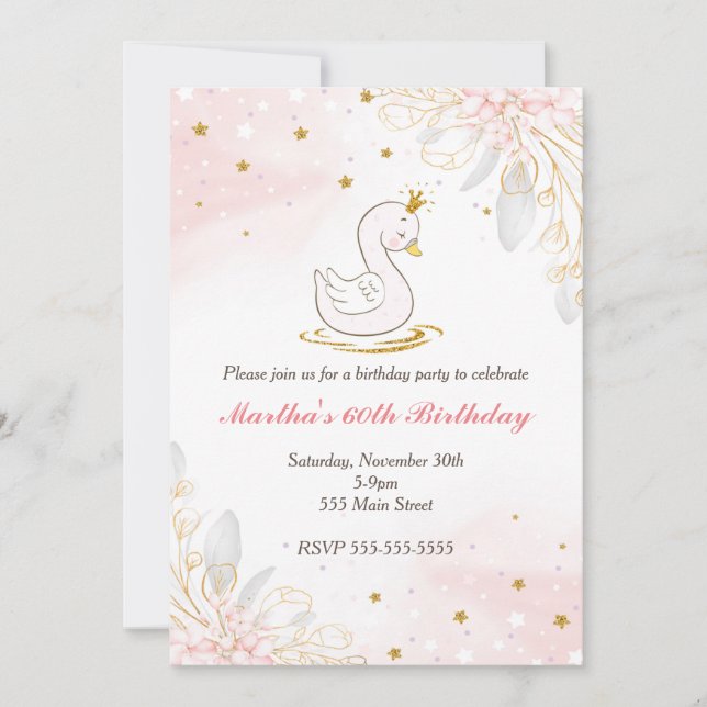 Invitación de cumpleaños adultos oro de cisne flor (Anverso)