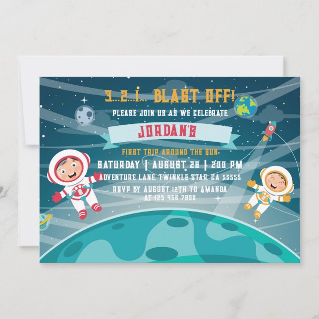 Invitación de cumpleaños al astronauta al espacio  (Anverso)