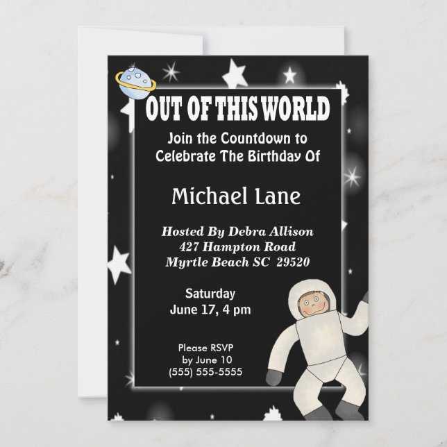 Invitación de cumpleaños al astronauta espacial (Anverso)