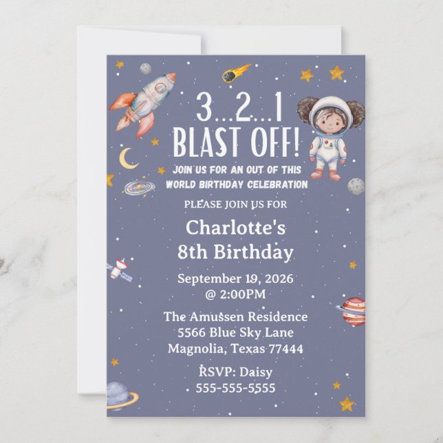 Invitación de cumpleaños al astronauta espacial (Anverso)