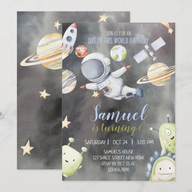 Invitación de cumpleaños al astronauta espacial (Anverso / Reverso)