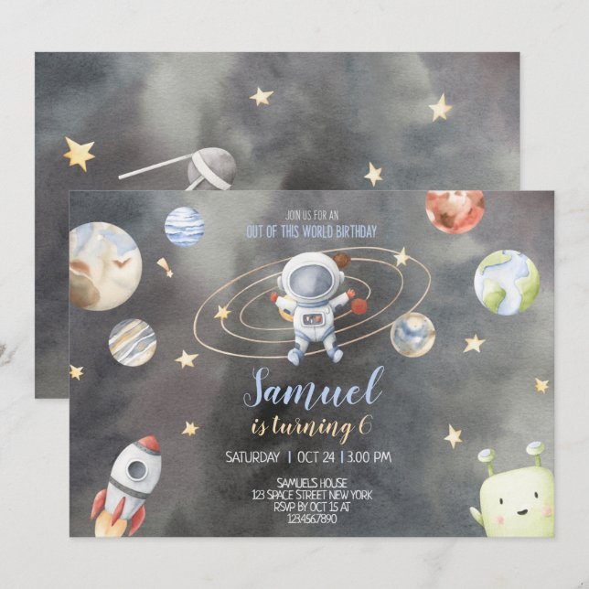 Invitación de cumpleaños al astronauta espacial (Anverso / Reverso)