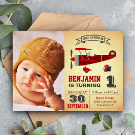 Invitación de cumpleaños al avión retro rojo vinta