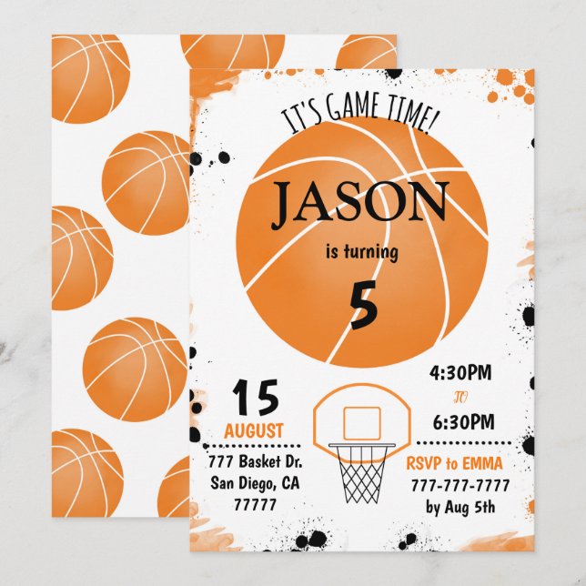 Invitación de cumpleaños al baloncesto, (Anverso / Reverso)