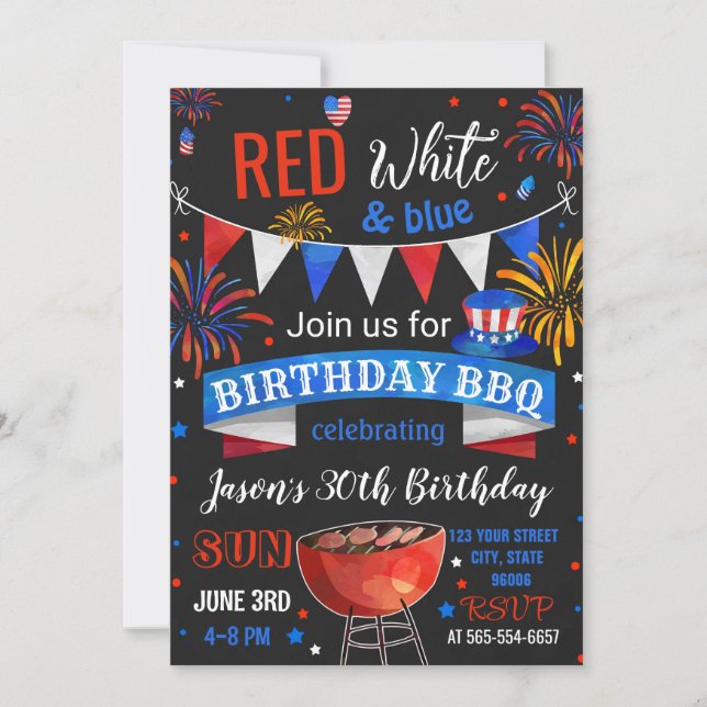 invitación de cumpleaños al BBQ Rojo Blanco y Azul (Anverso)