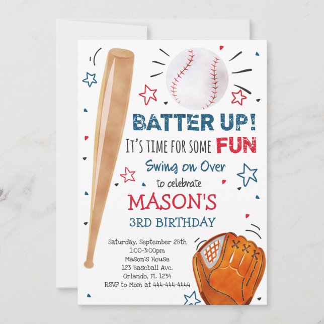Invitación de cumpleaños al béisbol (Anverso)