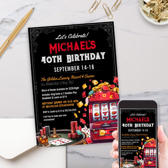 Invitación de cumpleaños al casino moderno (Elegant Modern Casino Theme Destination Birthday Invitation with Slot Machines, Cards and Poker)
