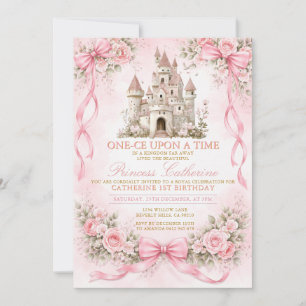 Invitación de cumpleaños al castillo con lazo rosa