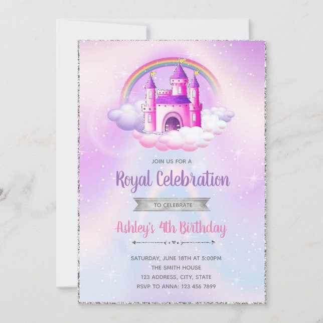 Invitación de cumpleaños al castillo con tema de p (Anverso)
