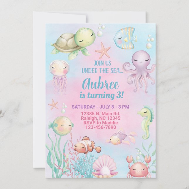 Invitación de cumpleaños al chica de vida marina b (Anverso)
