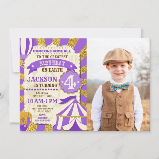 Invitación de cumpleaños al circo Carnaval púrpura (Anverso)