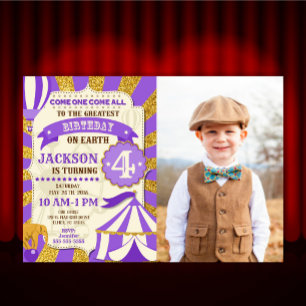 Invitación de cumpleaños al circo Carnaval Púrpura