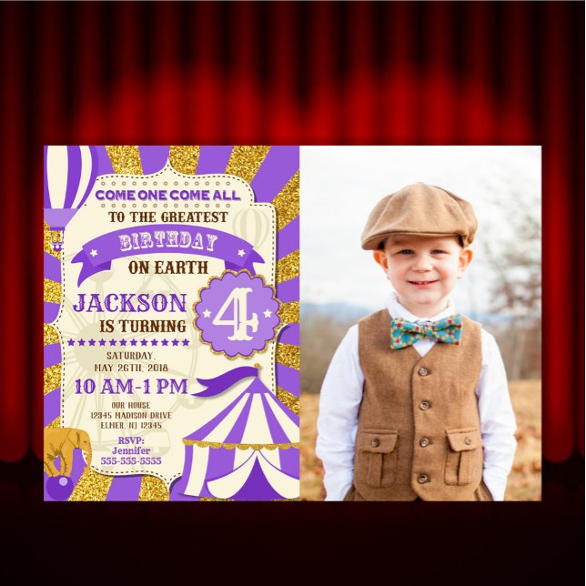 Invitación de cumpleaños al circo Carnaval Púrpura (Subido por el creador)