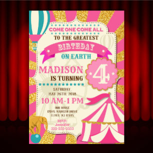 Invitación de cumpleaños al circo Carnaval Rosa Do