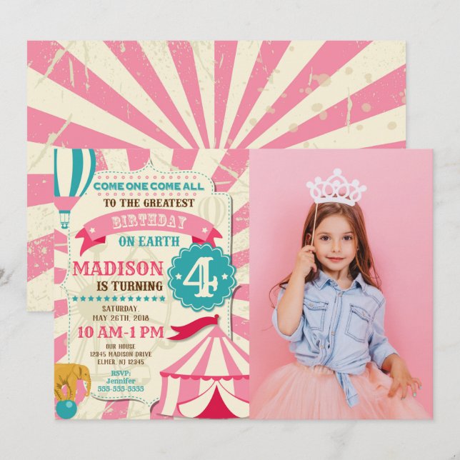 Invitación de cumpleaños al circo Chica Invitación (Anverso / Reverso)