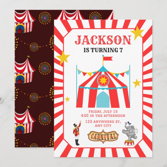 Invitación de cumpleaños al Circo de Carnaval (Anverso / Reverso)