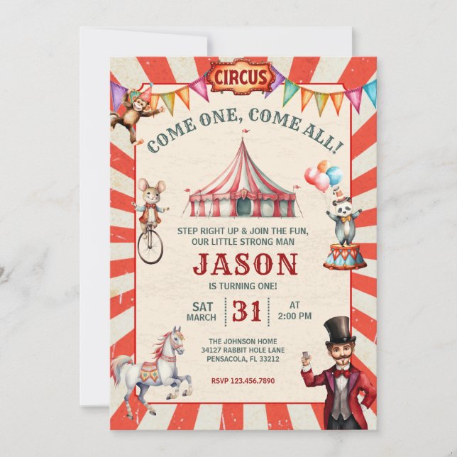 Invitación de cumpleaños al circo vintage (Anverso)